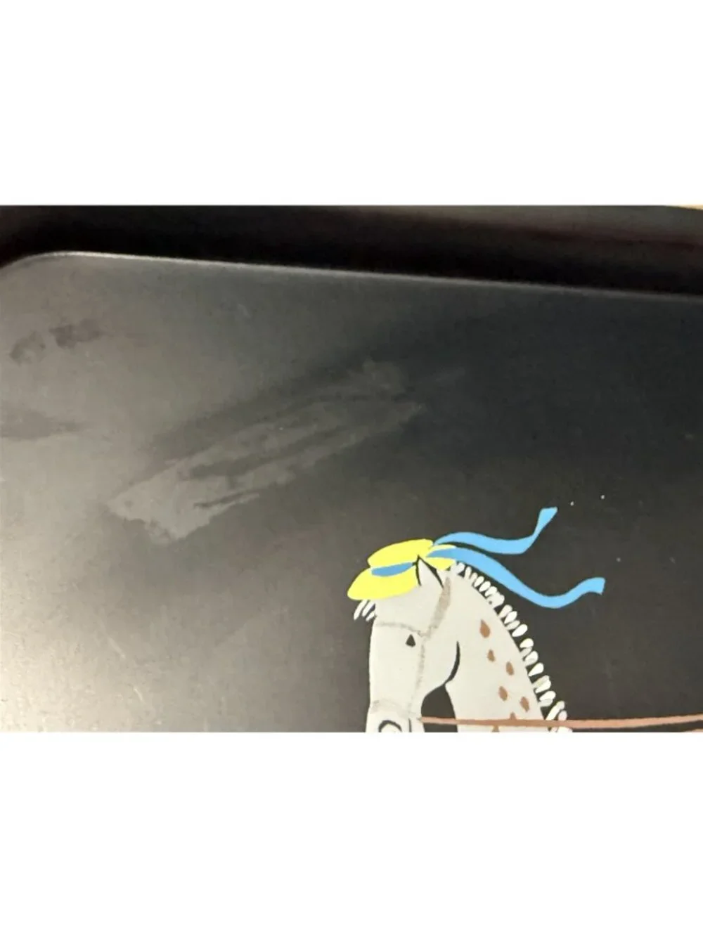 Vintage Hand Painted Artist Signed Tole Tray With Gray Horse Drawn Carriage